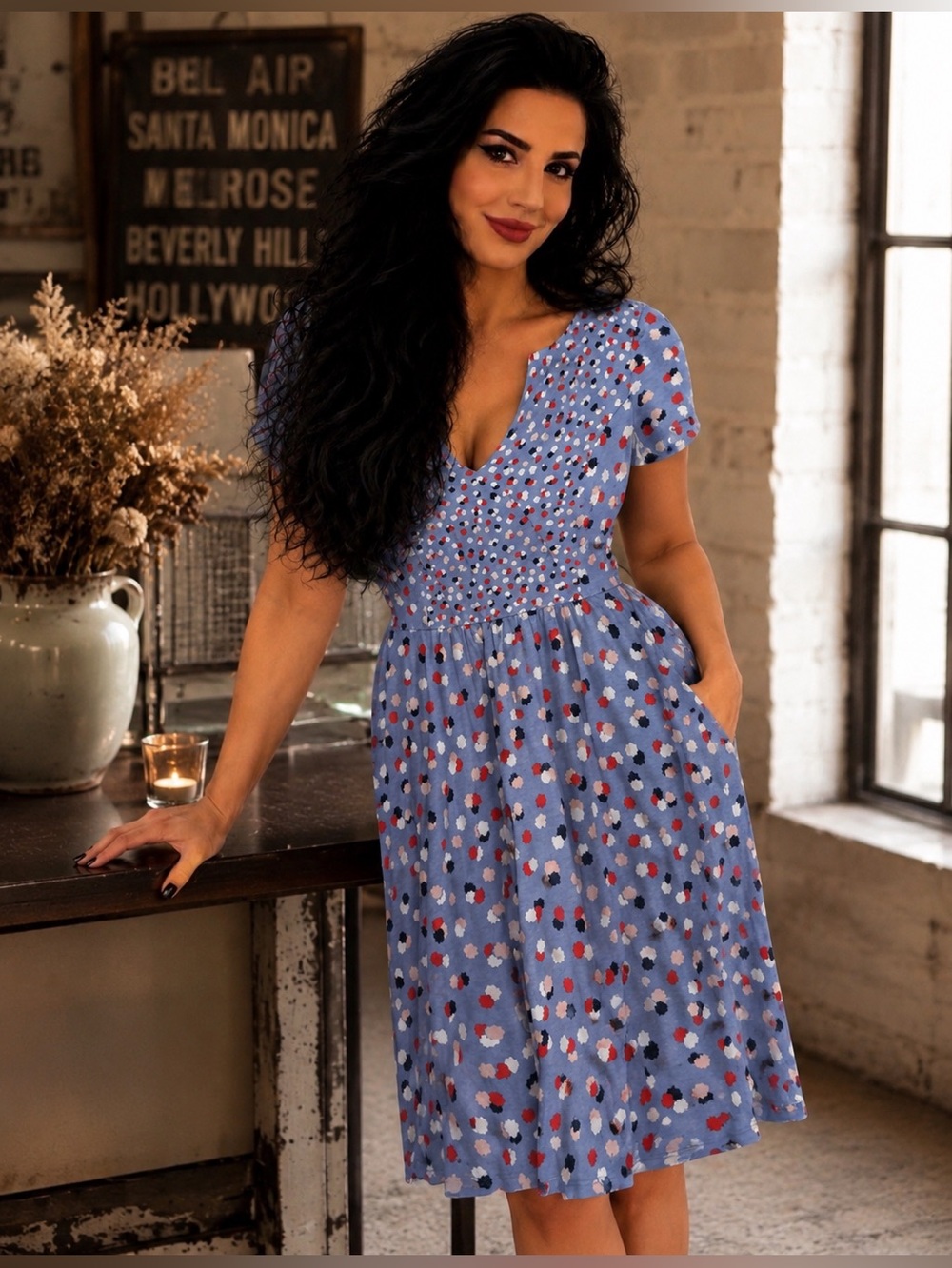 Boden Blue Floral Dot Jersey Wrap Dress- Soft Stretch Midi
UK 12 
US 8